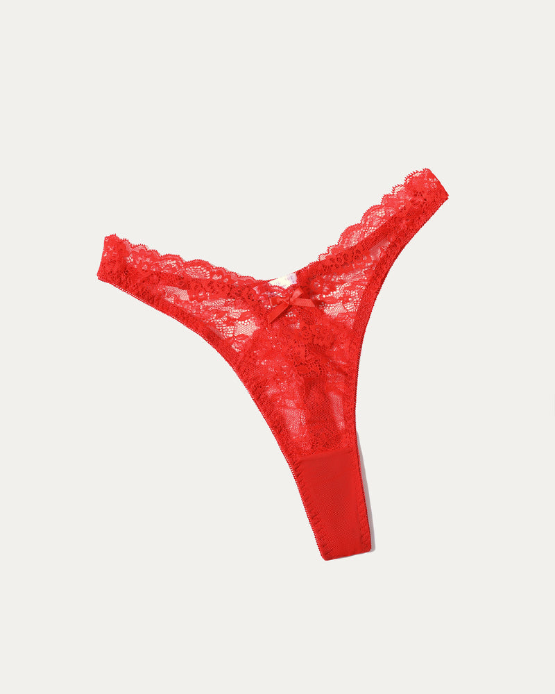 Red lace g-string thong panties with scalloped lace waistband and bow detail