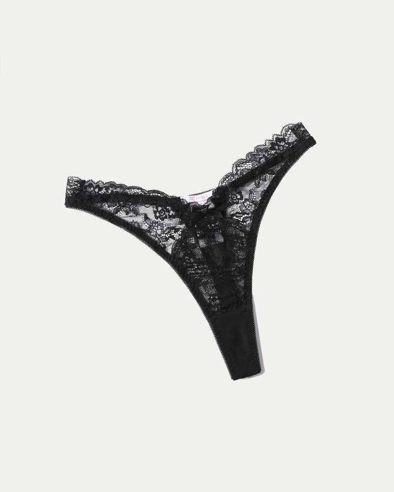 Black lace g-string thong with scalloped lace trim