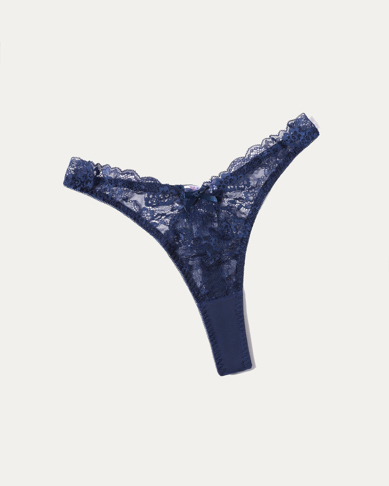 Navy blue lace g-string thong with scalloped lace waistband