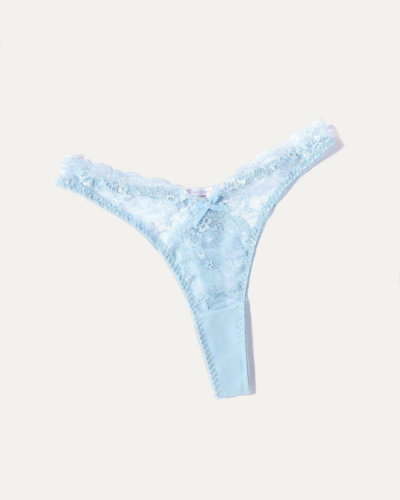 Light blue lace g-string thong with floral lace overlay