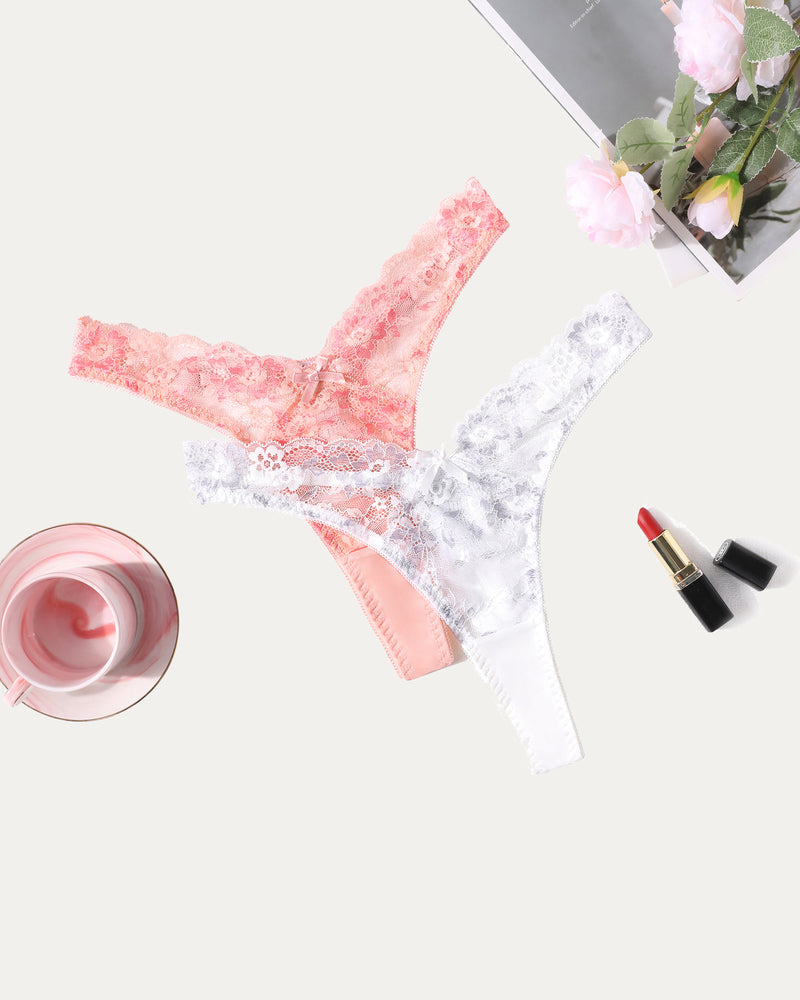 Pink and white lace g-string thongs with scalloped lace trim