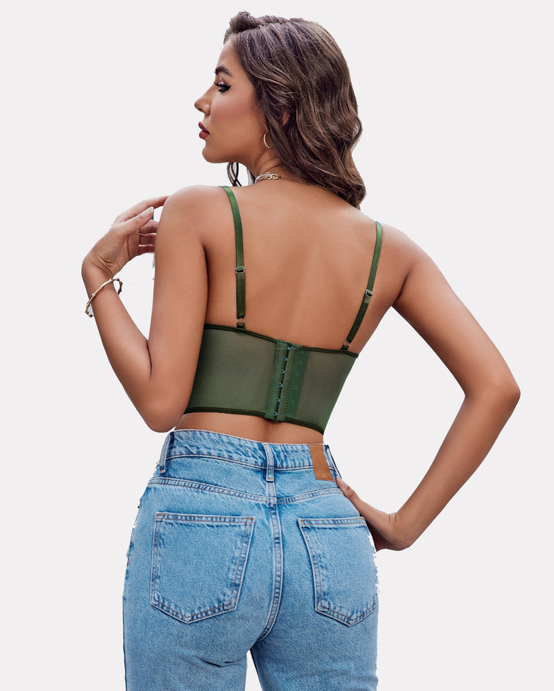 Lace underwired racerback crop top, green back view with racerback straps and lace trim