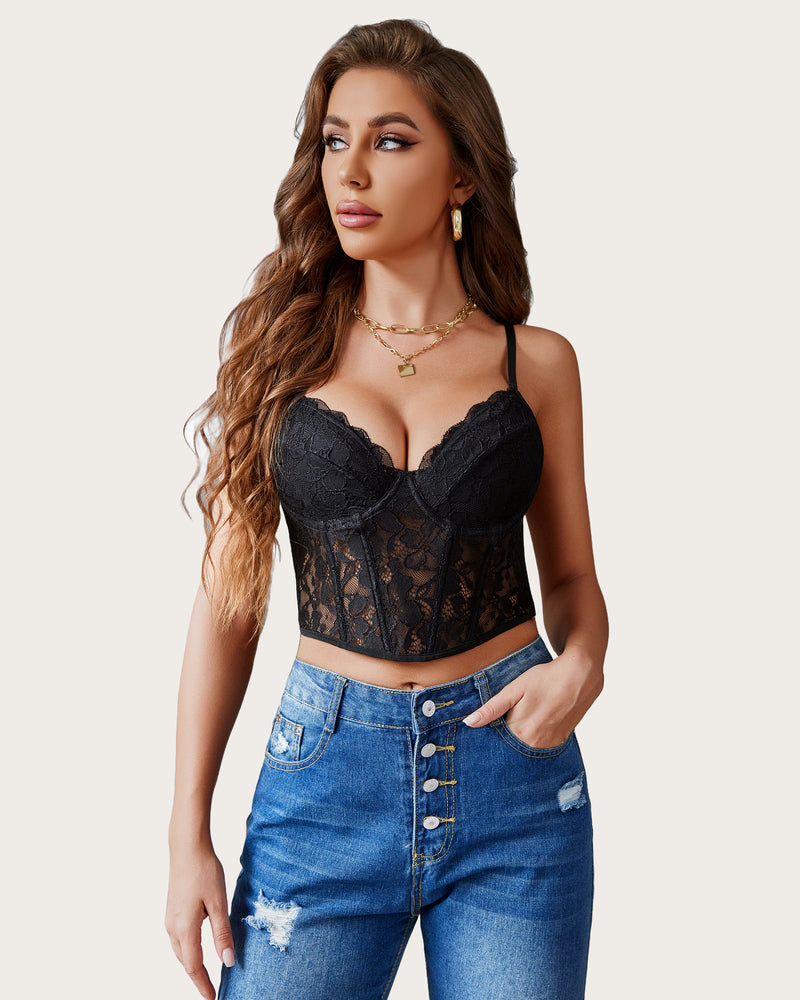 Black lace underwired racerback crop top with supportive underwire cups