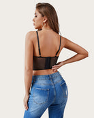 Black lace underwired racerback crop top, back view with narrow straps