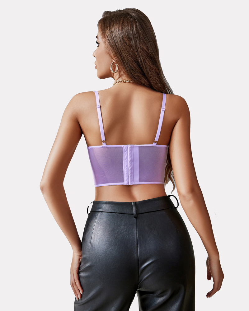 Lavender lace underwired racerback crop top with straight back straps and bust cups