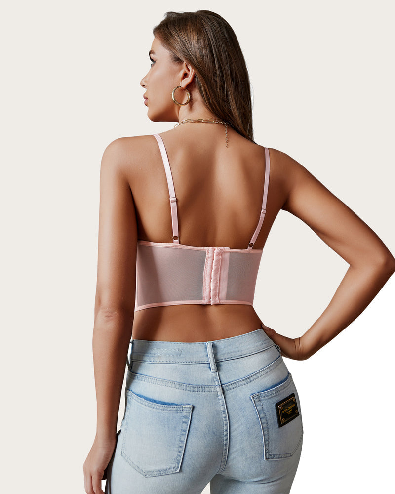 Pink lace underwired racerback crop top, back view with thin adjustable straps