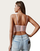 Pink lace underwired racerback crop top, back view with thin adjustable straps