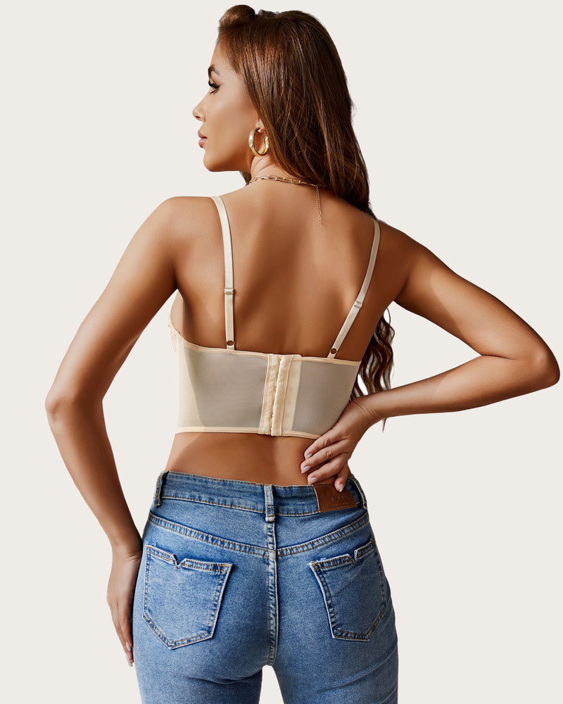 Lace underwired racerback crop top, light beige with lace overlay and adjustable straps