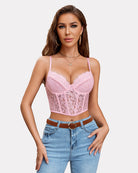 Pink lace underwired racerback crop top with underwire cups and thin shoulder straps