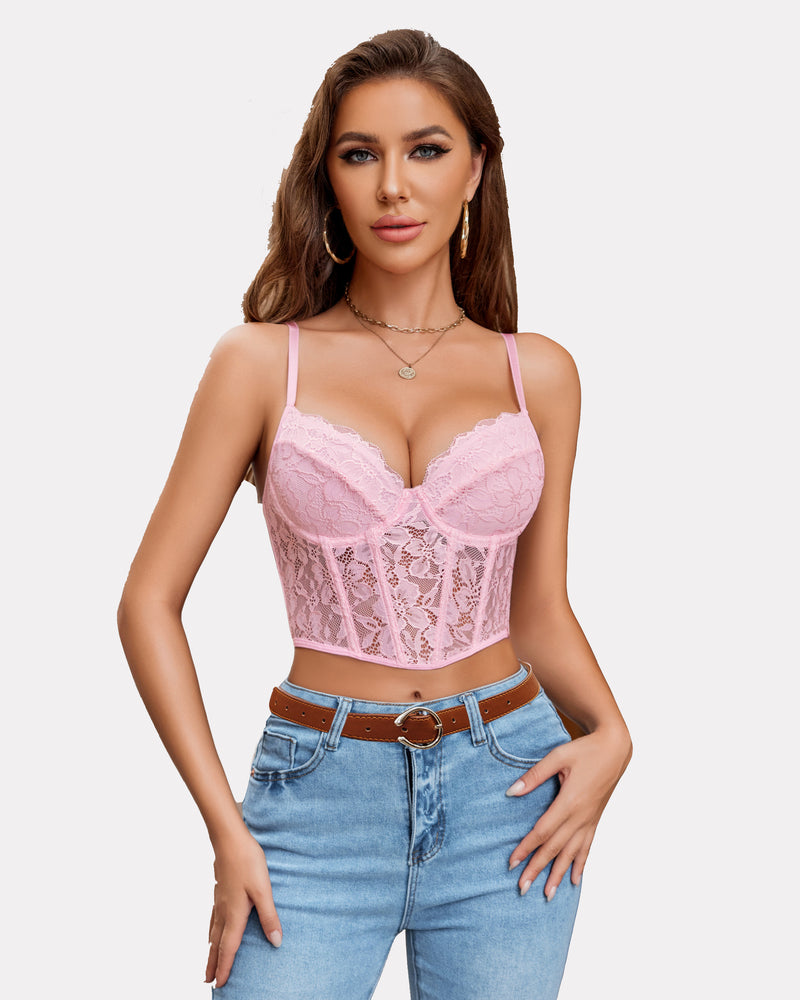 Pink lace underwired racerback crop top with underwire cups and thin shoulder straps