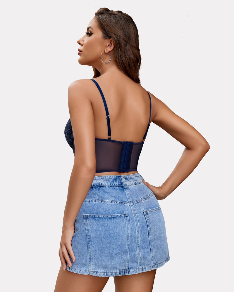 Blue lace underwired racerback crop top, sheer back panel with adjustable straps