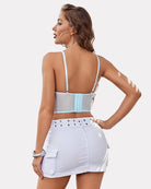 Light blue lace underwired racerback crop top, sheer back panel with thin straps
