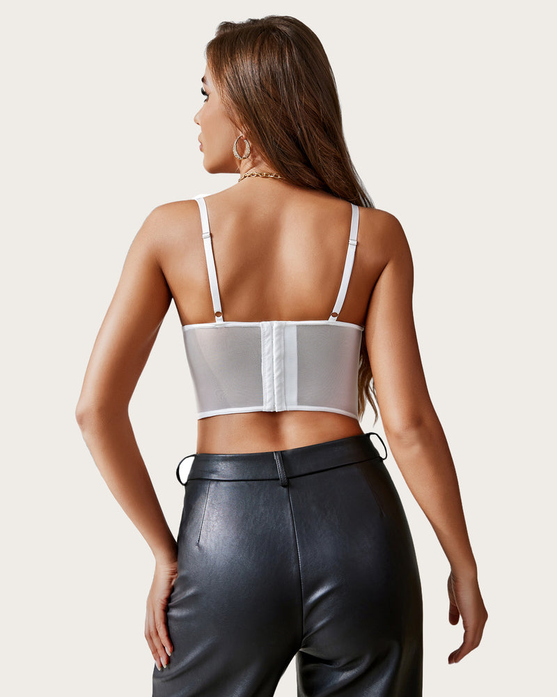 White lace underwired racerback crop top, back view with wide support band