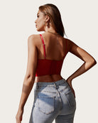 Lace underwired racerback crop top, deep red back view with racerback straps and lace panels