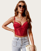 Lace underwired racerback crop top in deep red lace with underwire cups and scalloped edges