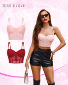 Dark red push-up corset bustier top with rhinestone dots and corset-style panels