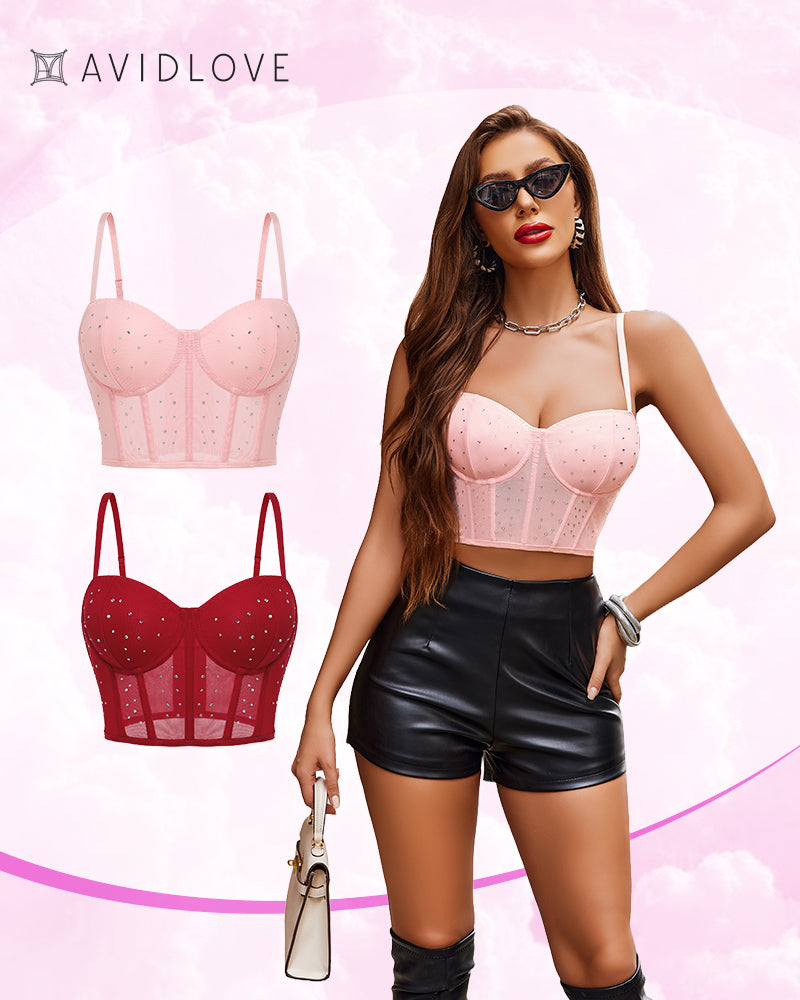 Dark red push-up corset bustier top with rhinestone dots and corset-style panels