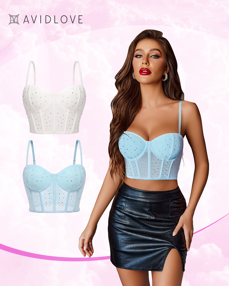 Light blue push-up corset bustier top with rhinestone dots and boned design