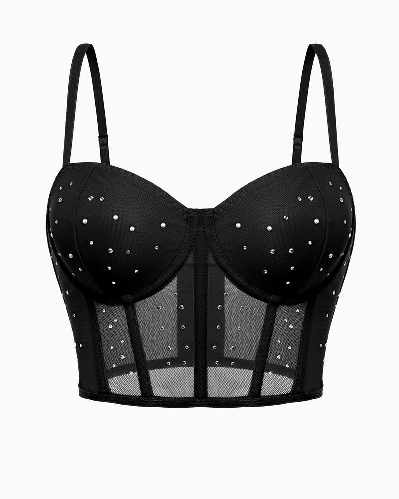 Black rhinestone corset bustier top front with underwire cups and mesh sections