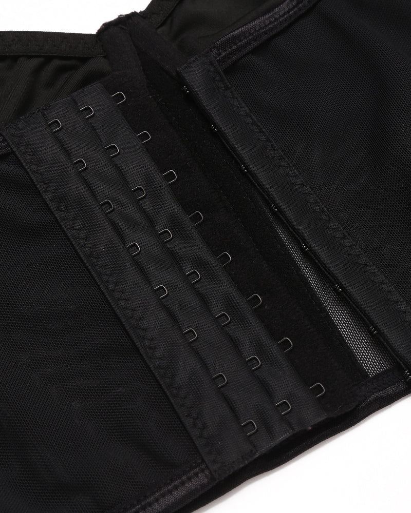 Black corset bustier top hook-and-eye closure with layered mesh backing