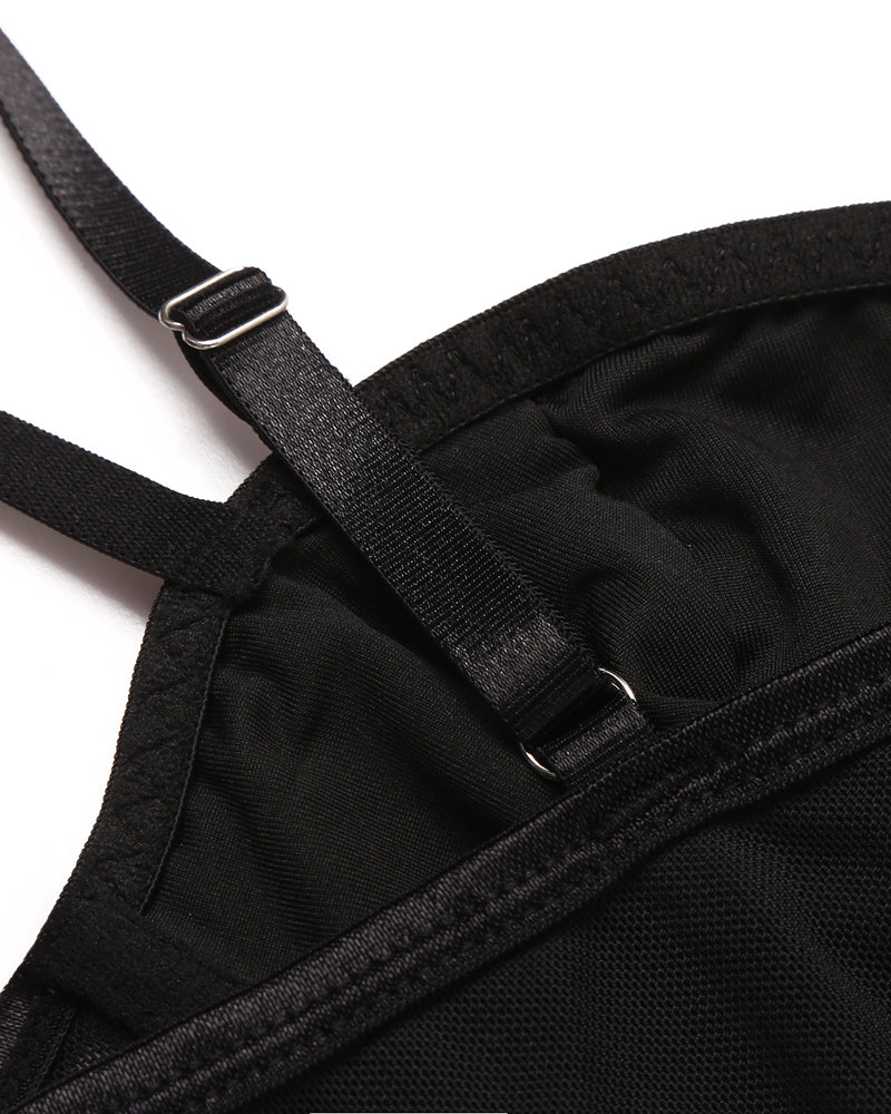 Black corset bustier top with adjustable straps and hook closure detail