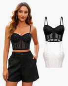 Black push-up corset bustier top with rhinestone dots and underbust paneling