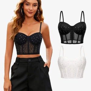Black push-up corset bustier top with rhinestone dots and underbust paneling