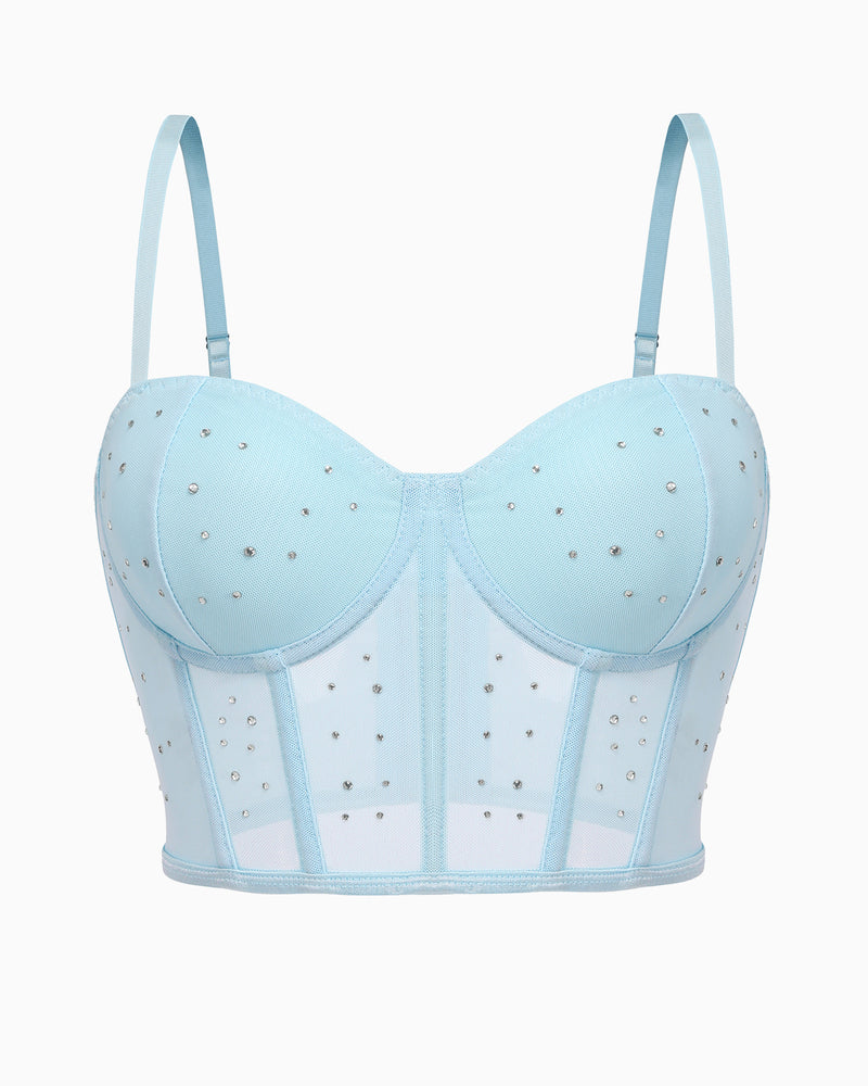 Light blue rhinestone corset bustier top with underwire cups and mesh panels