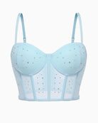 Light blue push-up corset bustier top with rhinestone dots and adjustable straps