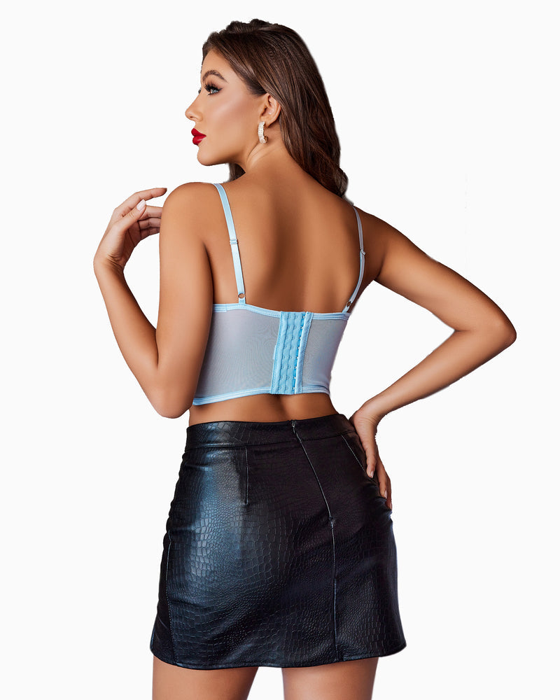 Light blue corset bustier top back with adjustable straps and hook closure