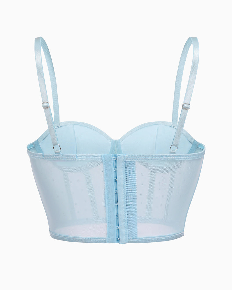 Light blue rhinestone corset bustier top with underwire cups and adjustable straps