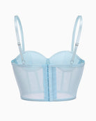 Light blue corset bustier top with sweetheart cups, sheer panels, and adjustable straps