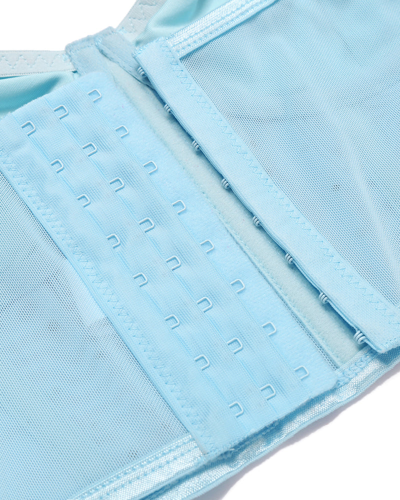 Light blue corset bustier top detail with lace-up back panel and metal hooks