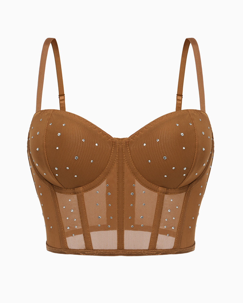 Coffee brown rhinestone corset bustier top with underwire cups and thin straps