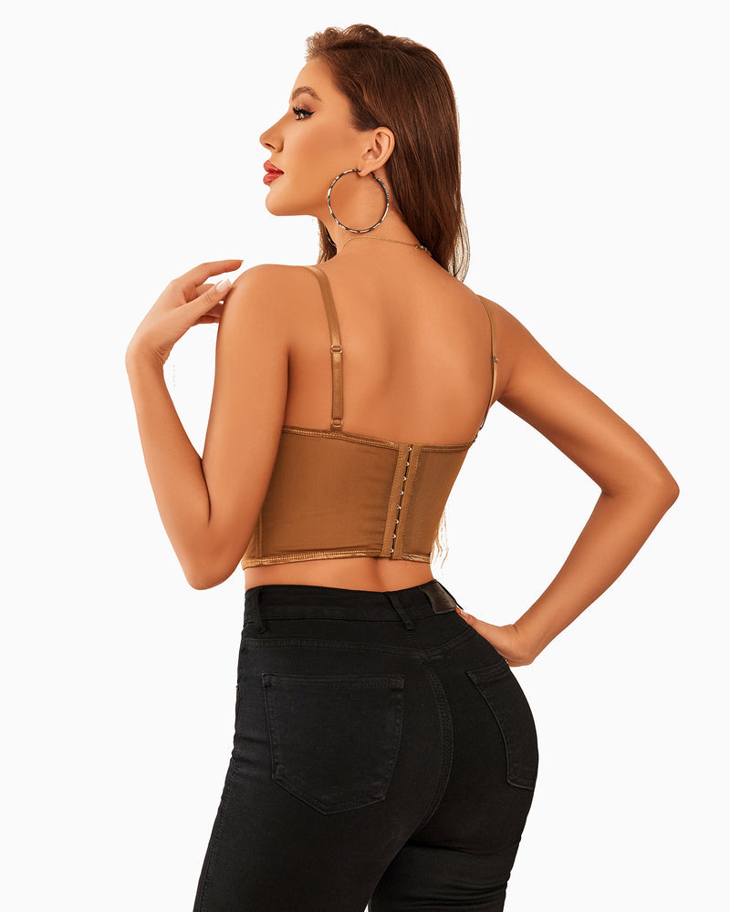 Coffee brown corset bustier top on model, mesh back with hook-and-eye closure
