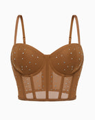Brown corset push-up bustier top with rhinestone dots and sheer white panels