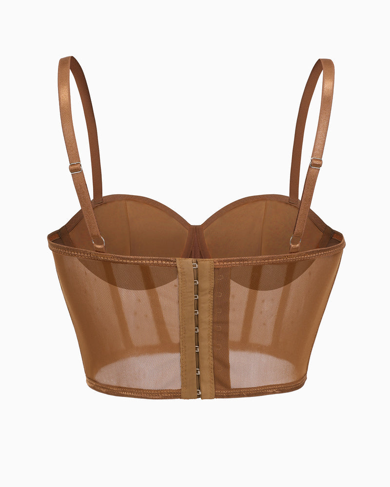 Coffee brown mesh corset bustier top back with adjustable straps and center clasp