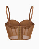 Brown corset push-up bustier top with hook-and-eye back closure and sheer white panels