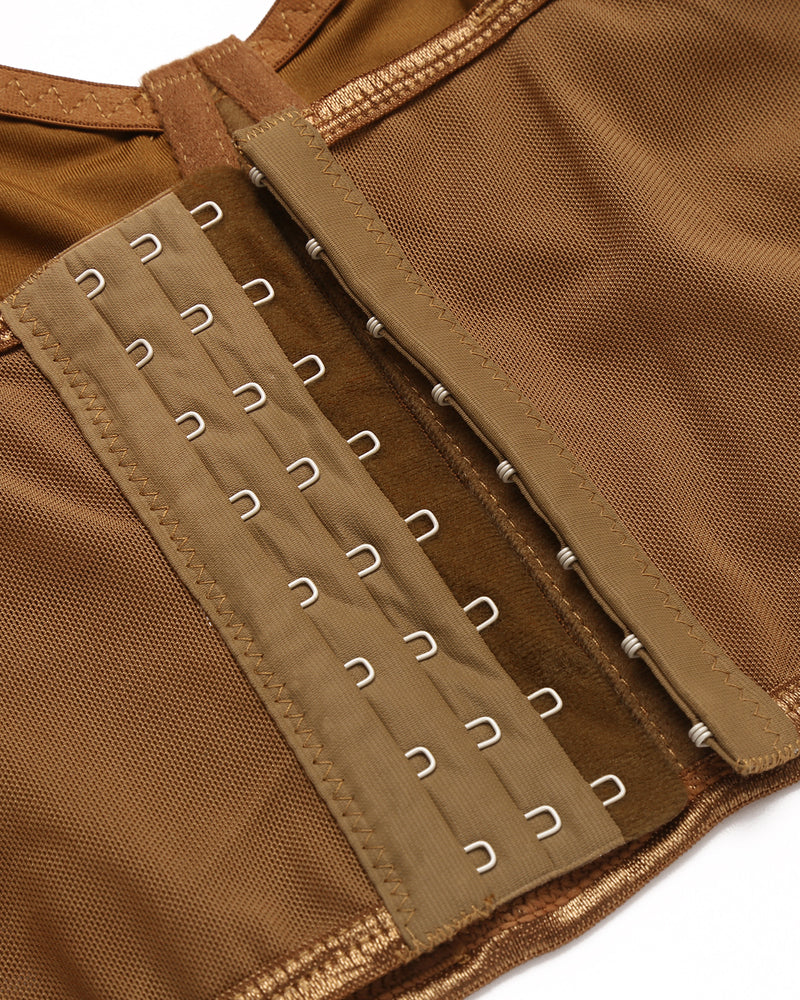Coffee brown corset bustier top close-up of lace-up back with metal hook-and-eye