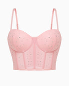 Pink corset push-up bustier top with rhinestone dots and sheer paneling