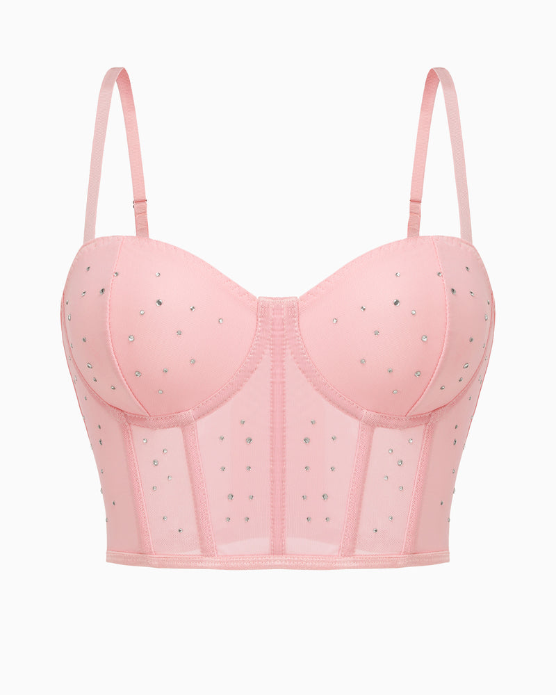 Pink corset push-up bustier top with rhinestone dots and sheer paneling