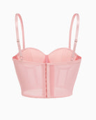 Pink corset push-up bustier top with sheer back panels and hook-and-eye closure
