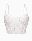 White corset push-up bustier top with rhinestone dots and sheer paneling