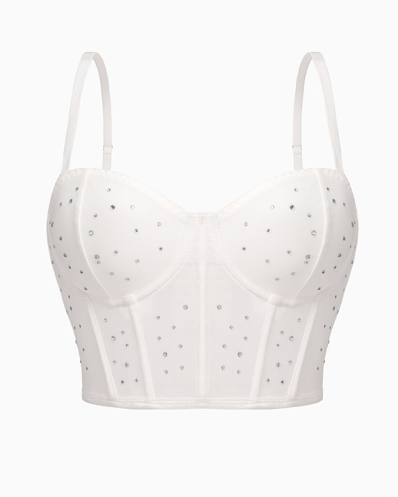 White corset push-up bustier top with rhinestone dots and sheer paneling