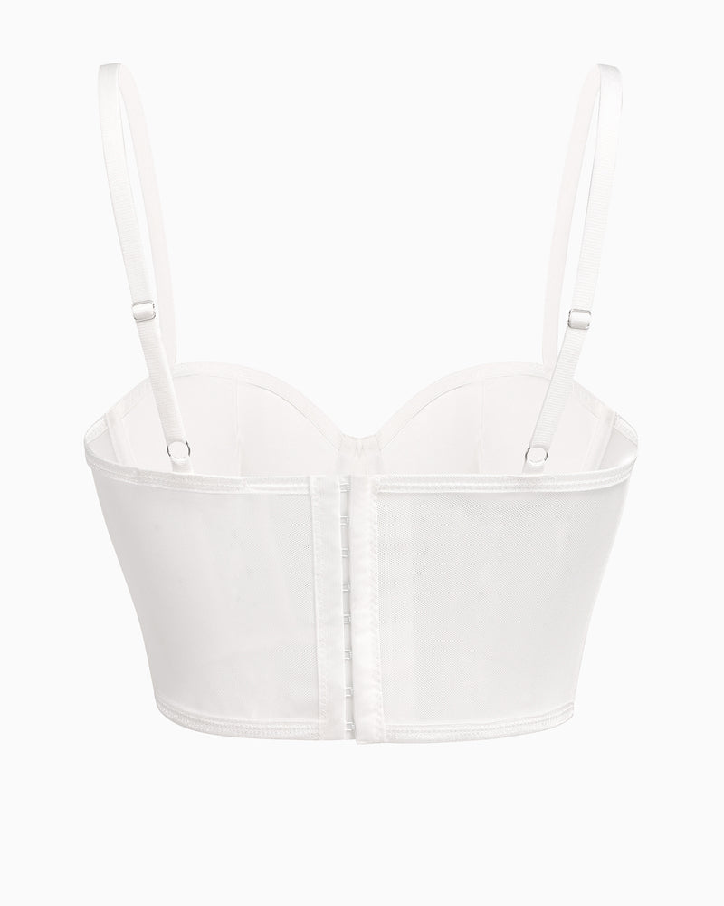 White corset bustier top with underwire cups and back hook-and-eye closure