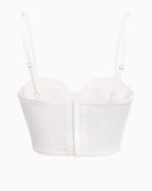 White push-up corset bustier top with thin straps, sweetheart neckline, front closure