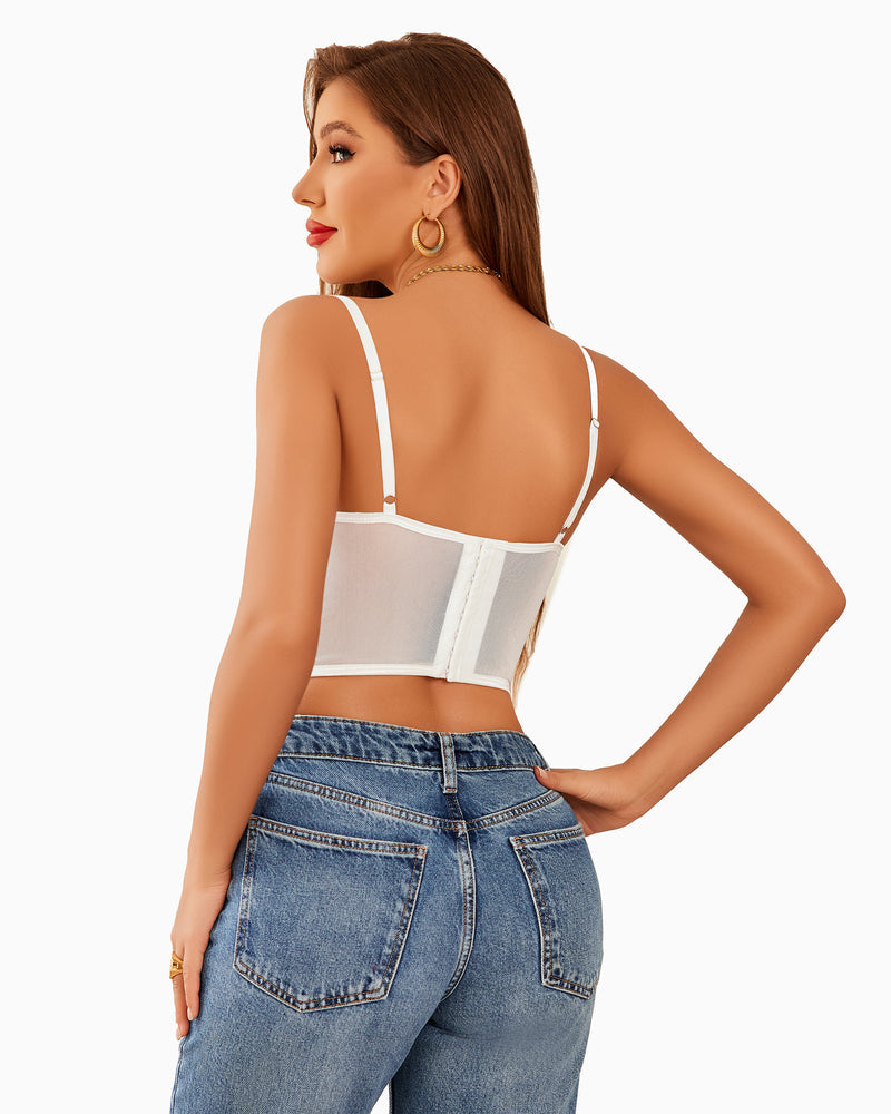 White corset bustier top with open back, thin straps, and hook-and-eye closure