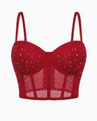 Red push-up corset bustier top with thin straps, sweetheart neckline, rhinestone dots