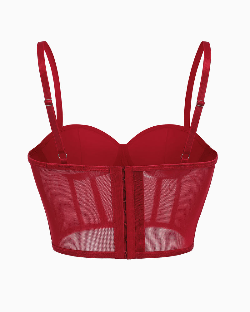 Red push-up corset bustier with open back, hook-and-eye closure, and mesh side panels