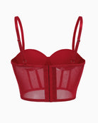 Red push-up corset bustier with open back, hook-and-eye closure, and mesh side panels